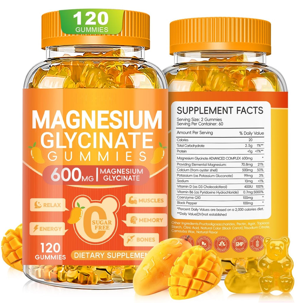 Magnesium-Glycinat-Gummi 600mg, Chewable Sugar Free Kalium Magnesium-Gummi-Gummi mit Magnesium-Glycinat, Vitamin D, B6 und CoQ10 für Schlaf, Entspannung, Gehirn & Muskel, 120 Zähler