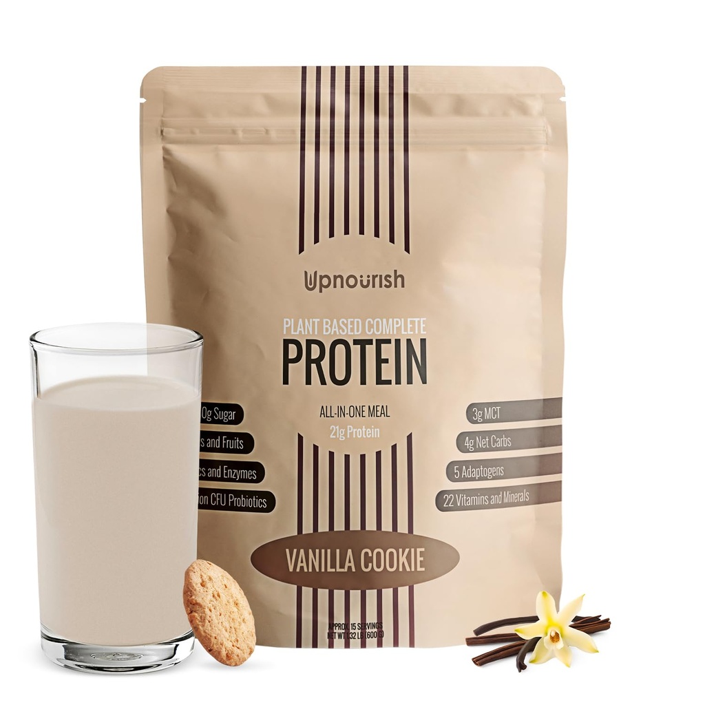 UpNourish Vanille Cookie Vegan Protein Powder 54 Superfoods Powder,1.5 Billion CFU Probiotics 21g Pflanzenbasiertes Protein,No Sugar No Dairy No GMO Dairy Free,Meal Ersatz Shake Keto-Friendly Low-Carb Diät,15 Servierungen