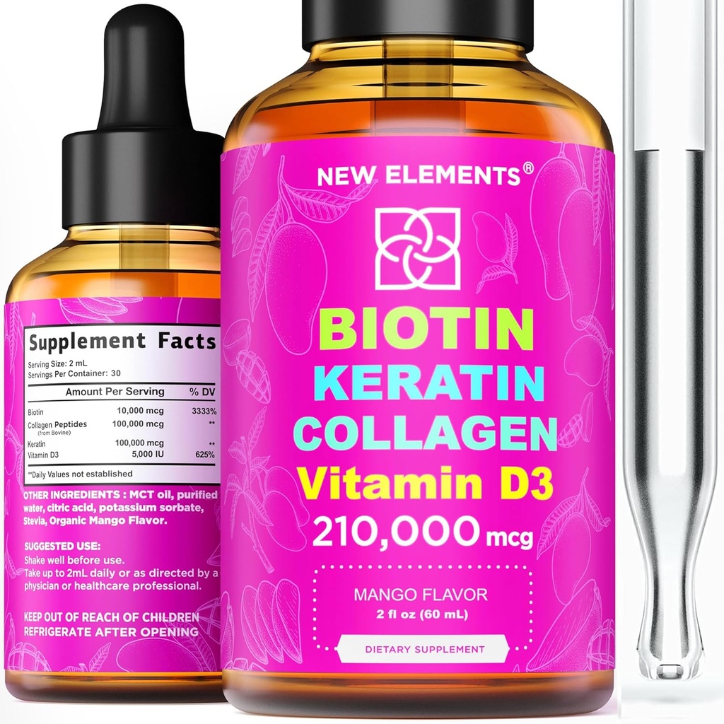 Liquid Biotin Keratin Collagen Peptide & Vitamin D3 für Haarwachstum MCT Öl Tropfen 210.000mcg – Leistungsstarke Formel für Haar Haut und Nägel, fortschrittlichste Haarwachstumsergänzung für Frauen & Männer