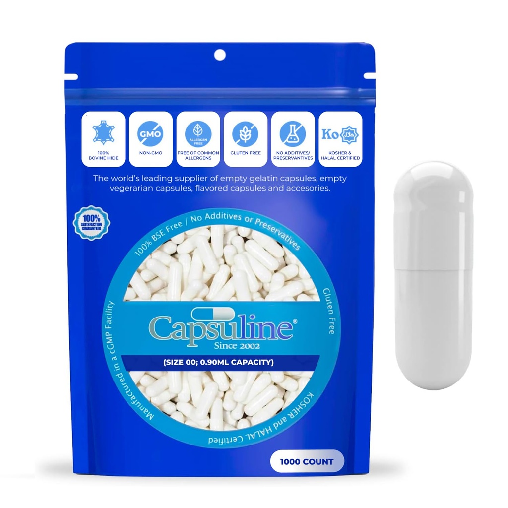 Capsuline Size 000 - Farbige weiße leere Gelatinekapseln - 1000 Count - leere Gel-Pille Kapseln - DIY Reine Bovine Pill Kapselfüllung - leere Kapseln - Koscher und Halal zertifiziert - Nicht-GVO zertifiziert