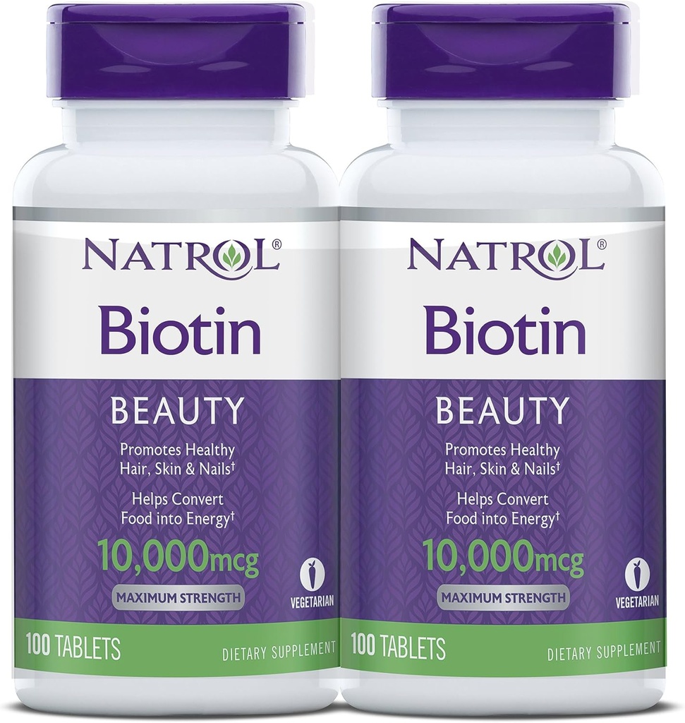 Natrol Biotin Beauty Tablets, fördert gesundes Haar, Haut und Nägel, hilft Energie Metabolismus zu unterstützen, hilft Lebensmittel in Energie umzuwandeln, maximale Stärke, 10.000mcg, 100 Count (Pack von 2)