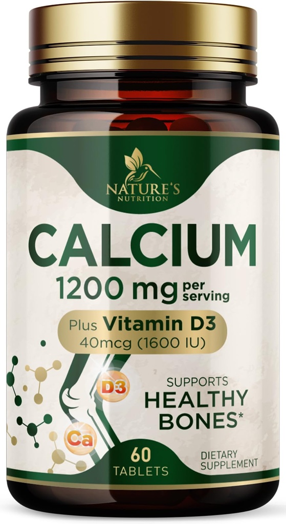 Kalzium 1200 mg mit Vitamin D3 - Knochengesundheitsergänzung, Vitamin D & Kalzium Ergänzungen für Frauen & Männer - Knochenstärke, Zähne & Immununterstützung, Natur Kalzium Pillen, Bottled in USA - 60 Tabletten