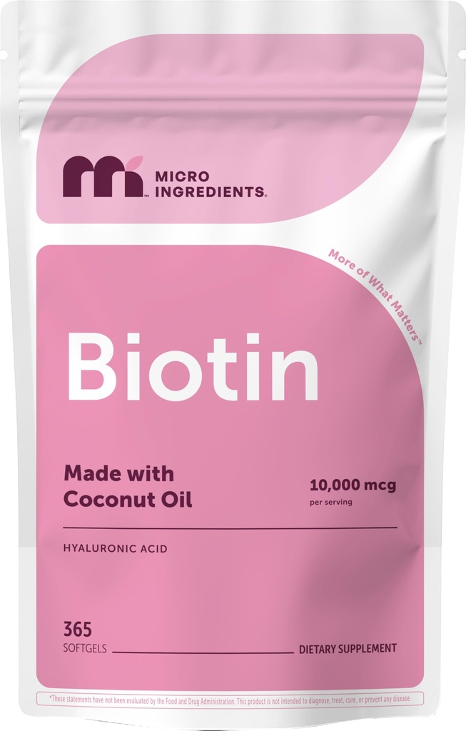 Micro Ingredients Biotin 10.000 mcg mit Hyaluronsäure 25 mg pro Servieren | Hergestellt mit Kokosnussöl | 365 Softgels | 1 pro Tag | One Year Supply | Non-GMO & Gluten Free