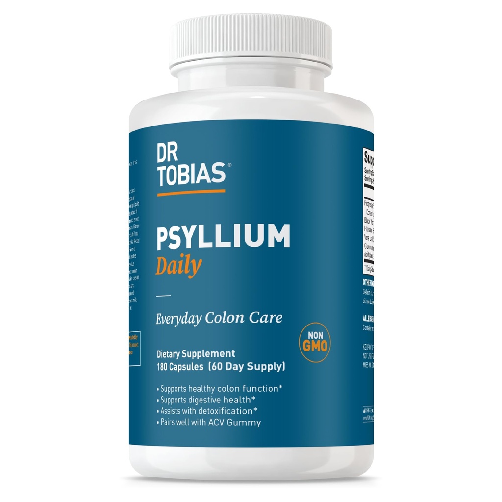 Dr. Tobias Psyllium Täglich, Unterstützt Gesunden Stuhlgang, Psyllium Husk Kapseln Mit Bentonit-Ton, Leinsamen & Natürliche Zutaten, Tägliche Faserergänzung Zur Unterstützung Der Darmgesundheit, 180 Kapseln