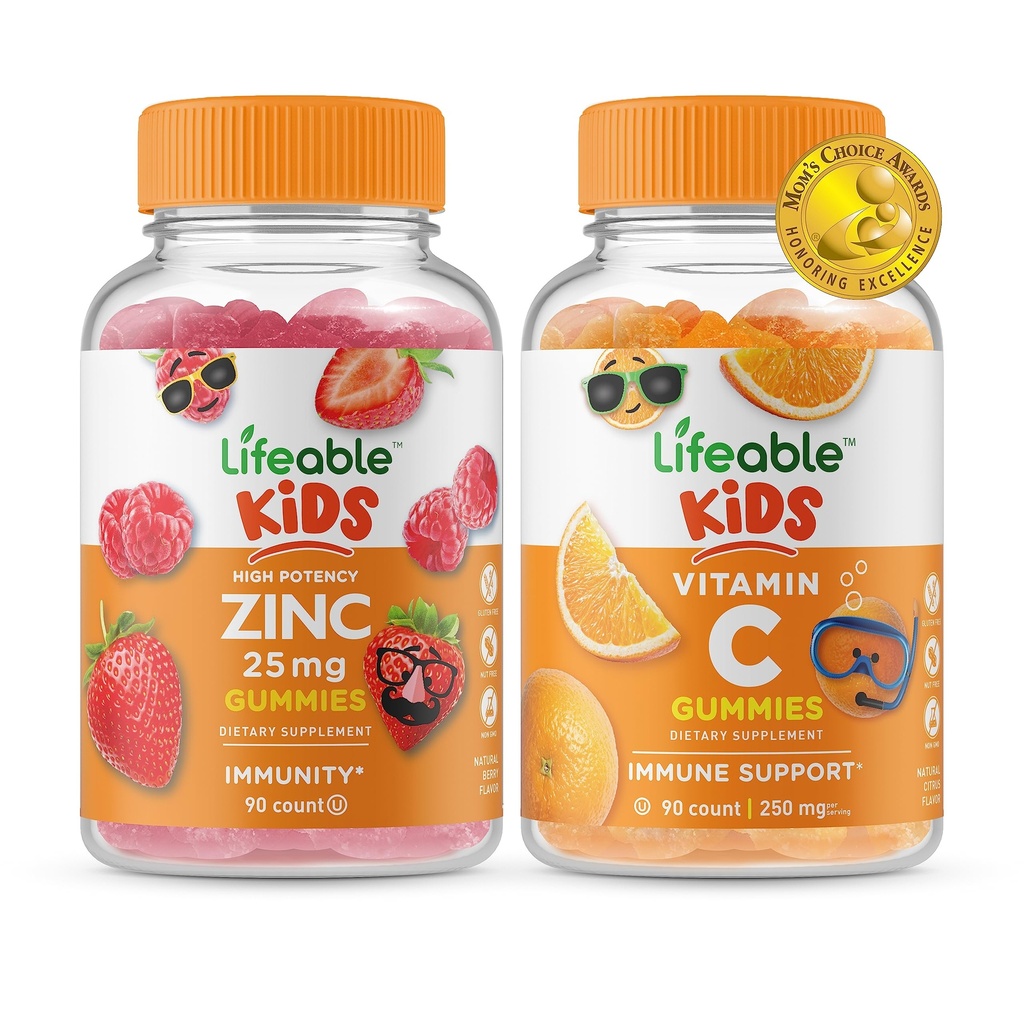 Lebendige Zink 25mg Kinder + Vitamin C Kinder, Gummis Bundle - Große Verkostung, Vitamin-Ergänzung, Glutenfrei, GMO frei, Kaugummi
