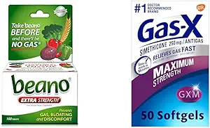 Beano Ultra 800, Gasvorbeugung und Verdauungsenzymergänzung, 100 Count & Gas-X Maximum Strength Gas Relief Softgels mit Simethicone 250 mg für Bloating Relief - 50 Count