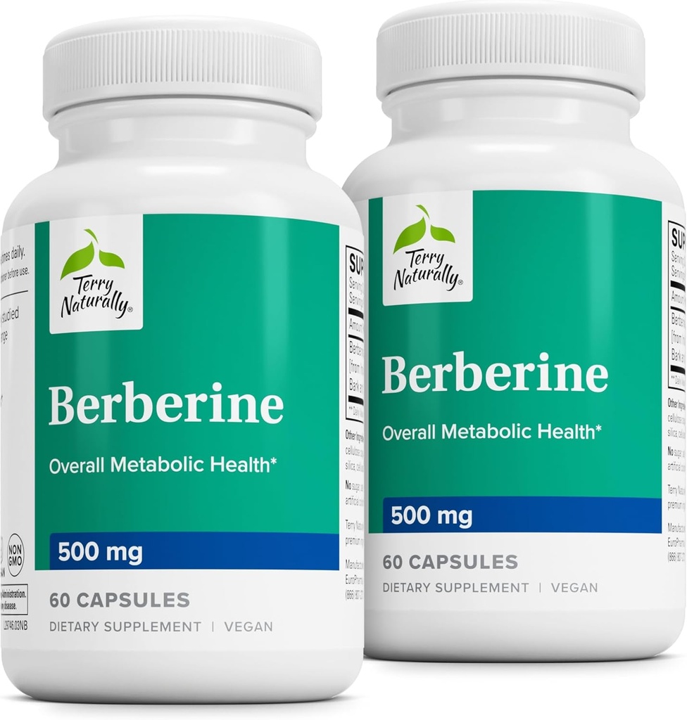 Terry Naturally Berberine - Nahrungsergänzung mit Berberine - Lebergesundheitsergänzung für Stoffwechselunterstützung - Gemeinsame Gesundheitsförderung für Männer und Frauen - 60 Kapseln (Pack von 2)