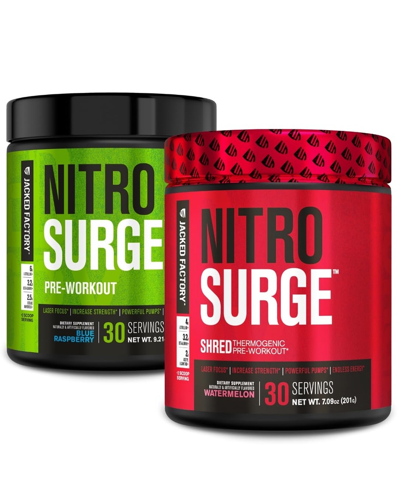 Jacked Factory Nitrosurge PreWorkout in Blue Raspberry & Watermelon Nitrosurge Shred Thermogenic PreWorkout für Männer & Frauen