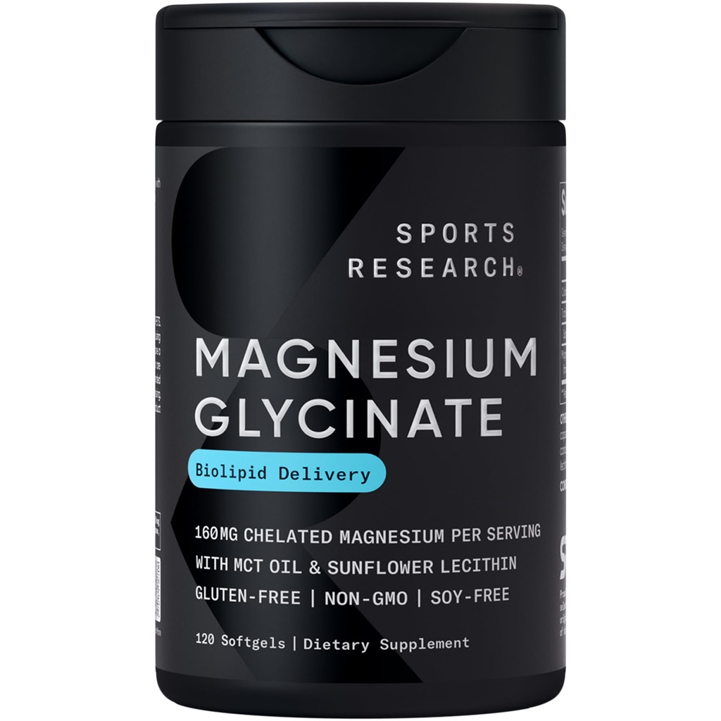 Sport Research® Magnesium Glycinate - Suports Restful Sleep & Enzymatic Processes - 160 mg Chelat Magnesium - Liquid Softgel - 120 Count