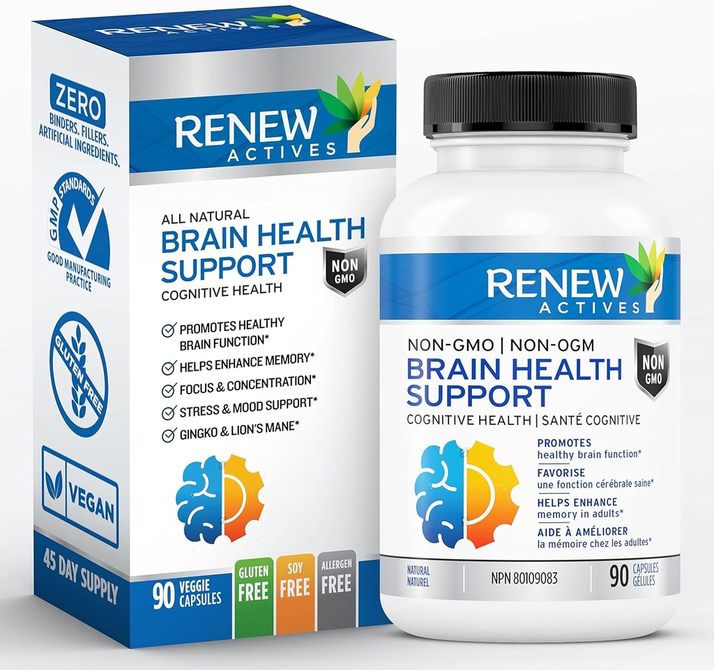 Renew Actives Brain Health Support – Bacopa 300MG, Ginkgo 100MG, Lion’s Mane 200MG pro 2 Kapseln – Unterstützt kognitive Gesundheit, Enhanced Memory, fördert Fokus & Stimmung – Made in Canada - 90 Kapseln