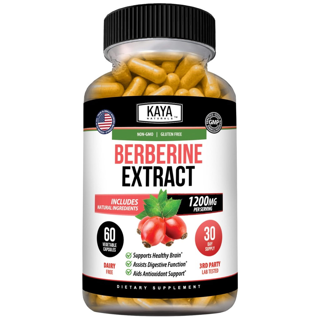 Kaya Naturals Berberine HCL Extract 1200mg - Immunsystem - Gluco Levels - Gut Health (Vegetarian, Non-GMO & Gluten-Free) Berberine Supplement (60 Count (Pack von 1)