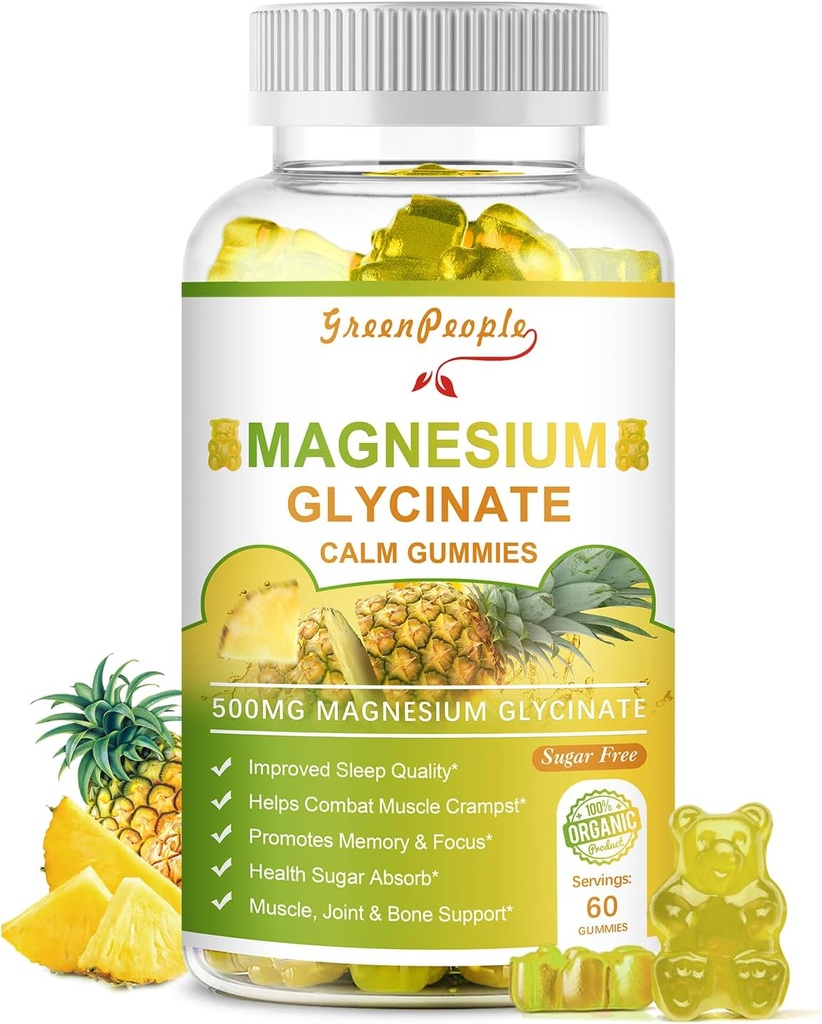 GREENPEOPLE Magnesium Glycinate Gummis mit Citrate 1000mg, Taurate & Matale - Zuckerfrei - Magnesium Kaliumergänzung mit Vitamin D, K2 für ruhige Stimmung & Zzz Unterstützung - 60 Ananasgummis