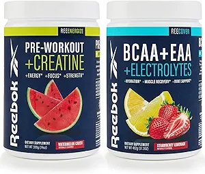 Reebok REEEnergize & REECover Bundle | PreWorkout + BCAA Recovery System | Watermelon Crush & Strawberry Lemonade | Train & Recover Pack