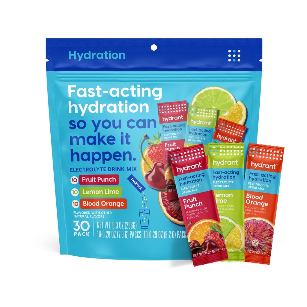 Hydrant - Hydration Powder Variety Pack, 30 Individuelle Instant Electrolyte Rehydration Packets - Low Sugar Drink Mix for Daily Use, Travel & Workouts