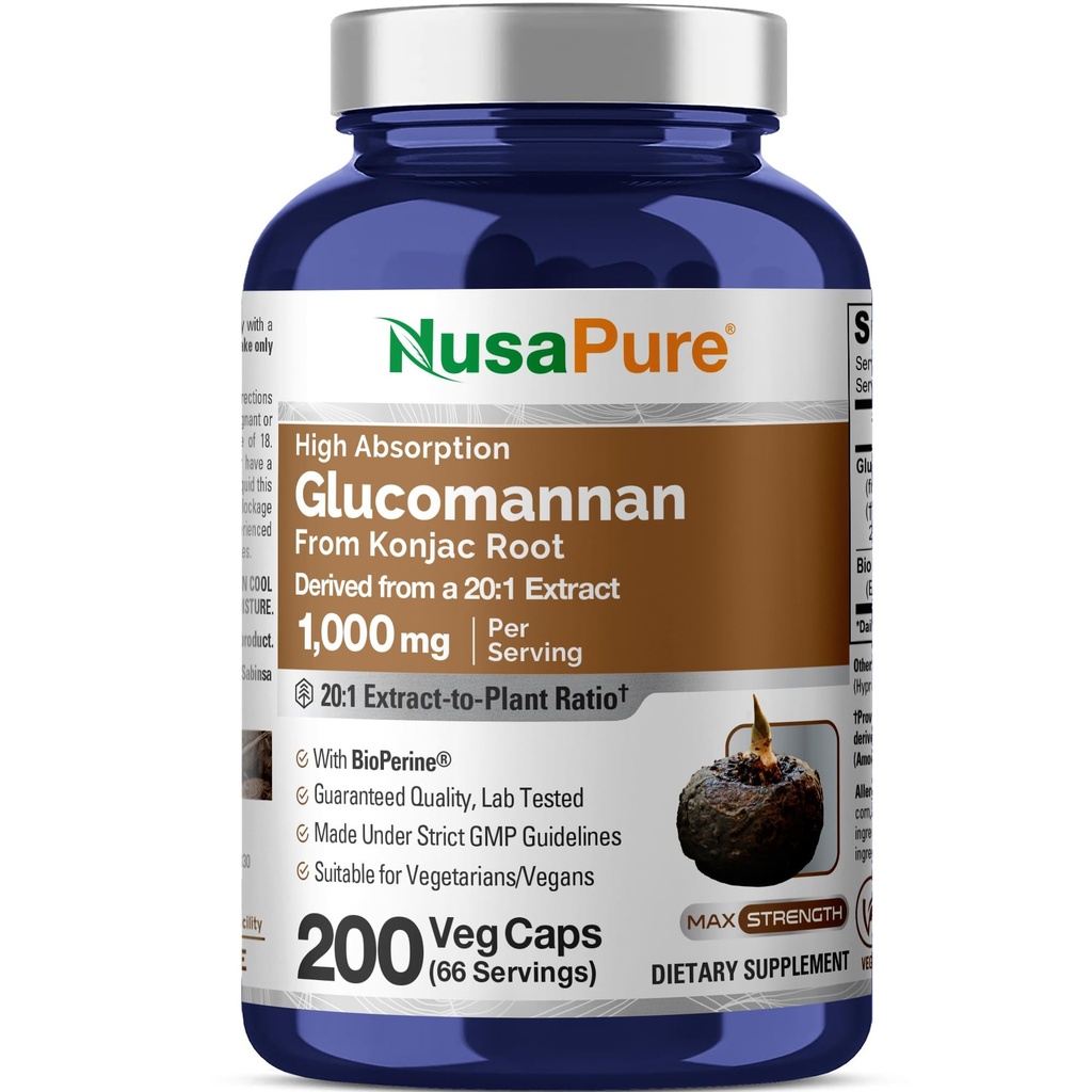 NusaPure Glucomannan 1000 mg pro Portion 200 Veg Caps (BioPerine, Non-GMO, Vegan) Konjac Root