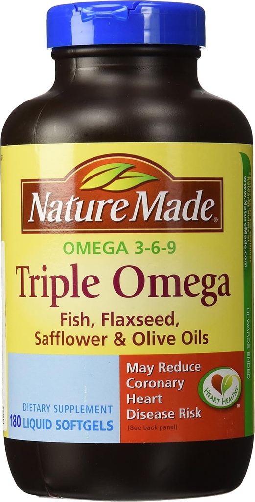 Natur Made Triple Omega 3 6 9 - Fisch, Flaxseed, Safflower & Olivenöle - 180 Softgels