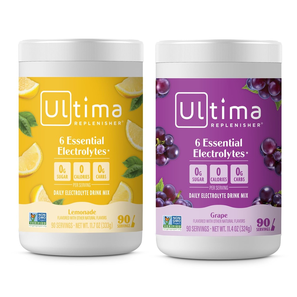 Ultima Replenisher Electrolyte Powder Drink Mix Bundle – Sugar Free – Lemonade and Grape, 90 Servierungen – Hydration Powder - 6 Key Electrolytes and Trace Minerals – Keto Friendly, Non-GMO