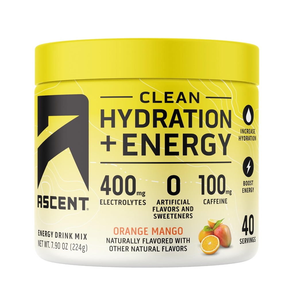 Ascent Clean Hydration + Energy Electrolytes Pulver - 100mg Koffein, 400mg Elektrolyte, keine künstlichen Inhaltsstoffe, Orange Mango 40 Servierungen
