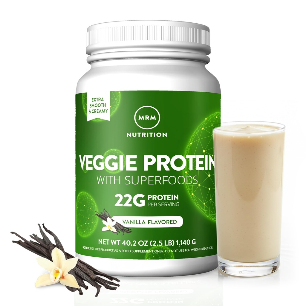 MRM Nutrition Veggie Protein mit Superfoods | Vanilla Flavored | 22g Complete Protein | Über 8.8g Essential Aminosäuren | 13 Superfoods | mit Omega 3s und Omega6s | Keto Friendly | 33 Servierungen