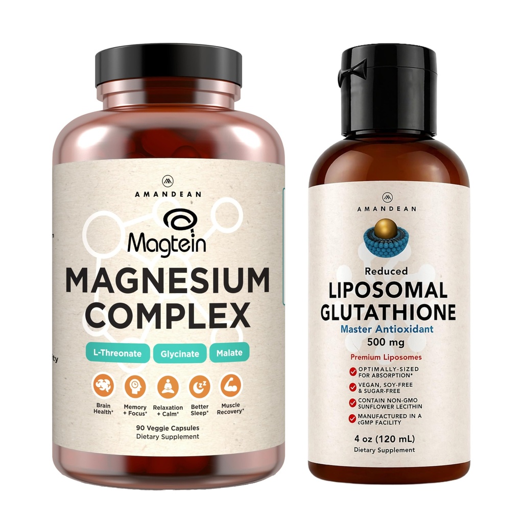 AMANDEAN Premium Liposomale Glutathione & Magnesium Complex Bundle. Antioxidans. Liquid Setria. High-Absorption Magnesium Threonat, Glycinat & Malate. Brain & Liver Health. Gedächtnis, Fokus und Schlaf