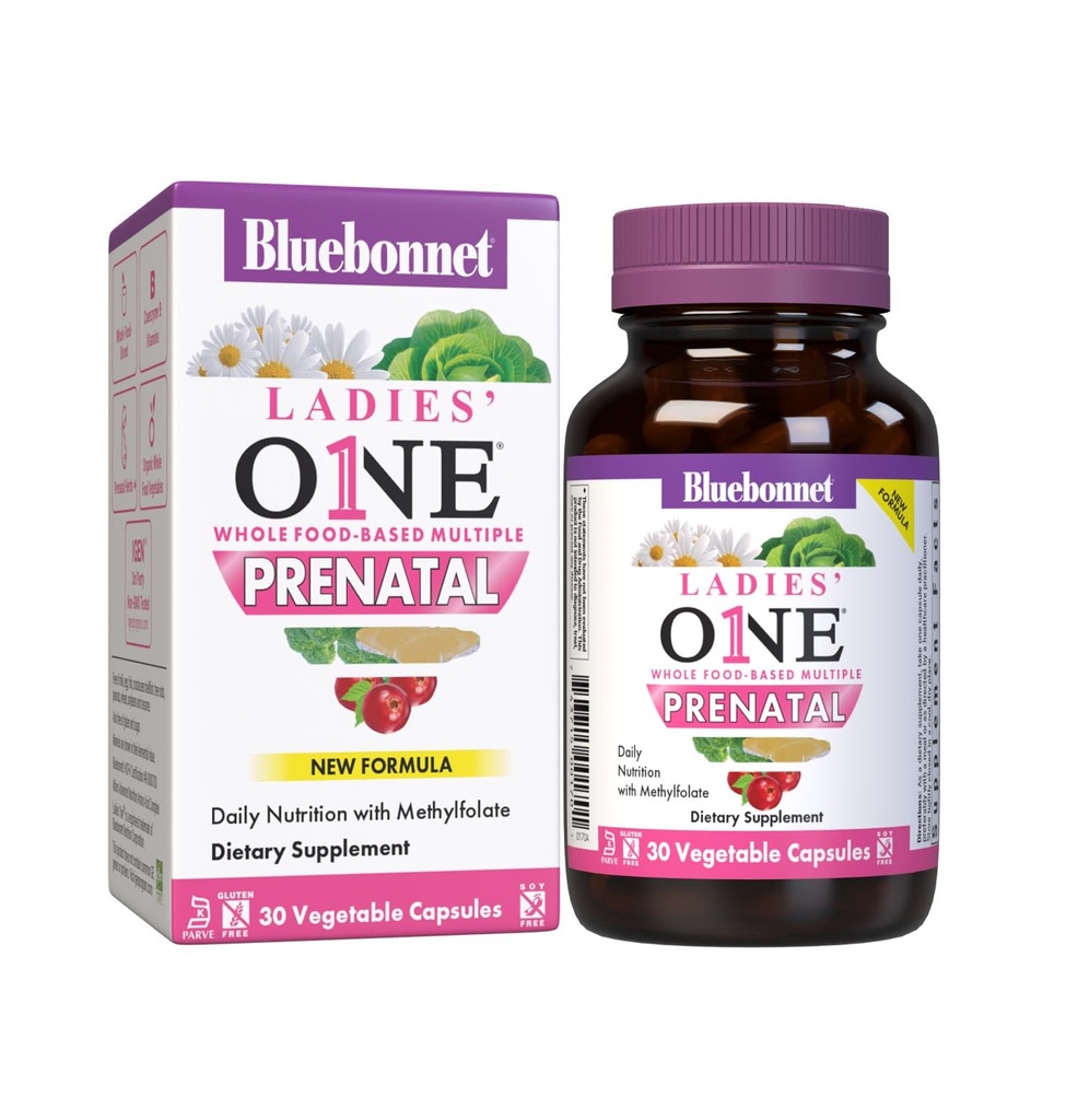 BlueBonnet Nutrition Ladies’ One Prenatal Whole Food-Based Multiple, Daily Nutrition*, Prenatal & Postnatal Health*, Non-GMO, Kosher, Gluten-Free, Soy-Free, 30 Gemüsekapseln, 30 Servietten
