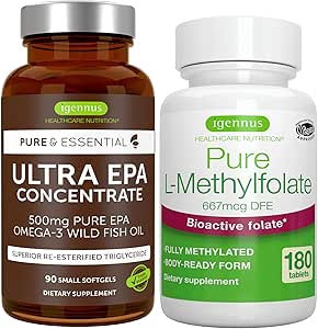 Ultra Pure EPA + Pure Folate 400mcg Bundle, 500 mg Omega-3 EPA Wild Fish Oil + Optimiertes L-Methylfolat, von Igennus