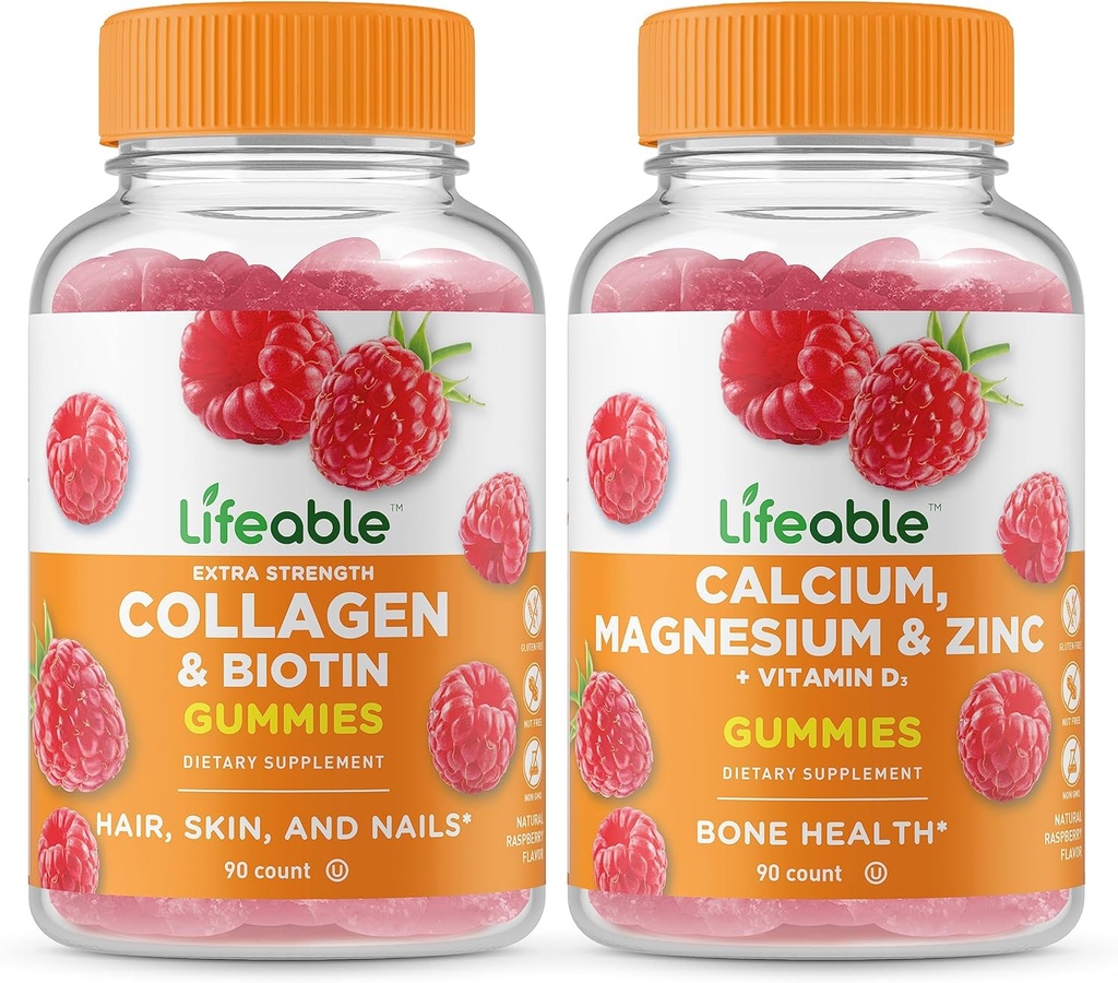 Lebensfähiges Kollagen & Biotin + Calcium, Magnesium, Zink & Vitamin D, Gummi Bundle - Große Verkostung, Vitaminergänzung, Glutenfrei, GMO frei, Kaugummi