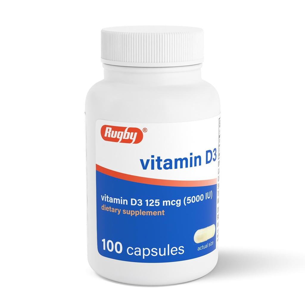Rugby Vitamin D3 5.000 IU (125 mcg) - Vitamin D Nahrungsergänzung für Knochen, Zähne und Immungesundheit, 100 Kapseln