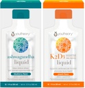 Youtheory Ashwagandha Liquid Blueberry, 12 Single Serving Packets, K2 und D3 Daily Vitamin Liquid Peach, 12 Single Serving Packets