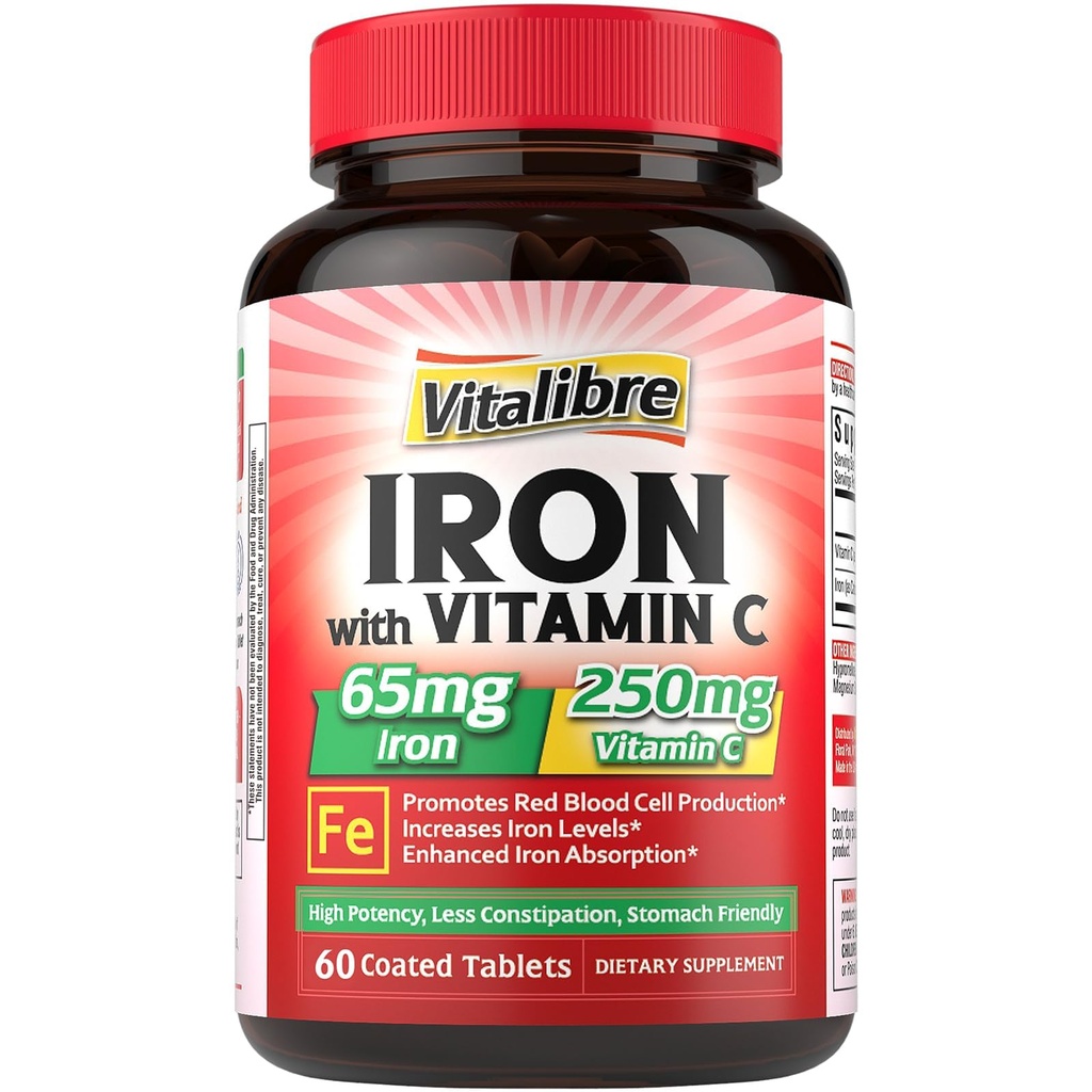 Eisen-Ergänzung, 65mg Carbonyl Eisen mit 250mg Vitamin C, Stomach freundliche Eisen Pillen für Blutbau Frauen & Männer, hohe Absorption, keine Übelkeit, keine Verstopfung, Non-GMO, keine Gluten, 60 Vegan Tabs