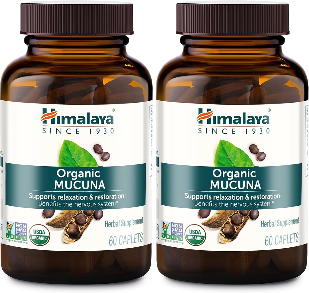 Himalaya Bio Mucuna Kräuterergänzung, unterstützt Entspannung, Zugentlastung, Gehirnfunktion, Non-GMO, USDA Organic, Vegan, Glutenfrei, 600 mg, 60 Pflanzen-Kapsel, 2 Pack, 120 Tage Versorgung