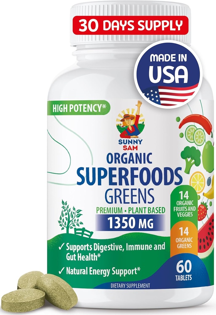 SUNNY SAM Super Food Green Supplements für Erwachsene - 60 Tabletten - Bio Super Greens mit echten Früchten, Gemüse und Kräuter für natürliche Verdauungs- und Energieunterstützung