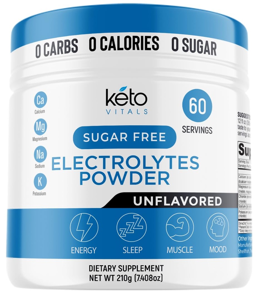 Keto Vitals Unflavored Electrolyte Powder | Keto-Friendly Electrolytes with Kalium, Magnesium, Natrium, Calcium | Keto Electrolytes Supplement Drink Mix | Sugar-Free, Zero Calories, Zero Carbs