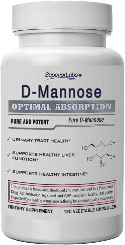 Superior Labs D-Mannose 500 mg, Pure Non-GMO Optimale Absorption Präbiotikum, Urinary Tract, Bladder & Kidney UTI Unterstützung, Verdauungs- und Lebergesundheitshilfe, IC Relief für Frauen & Männer, 120 Veg Caps