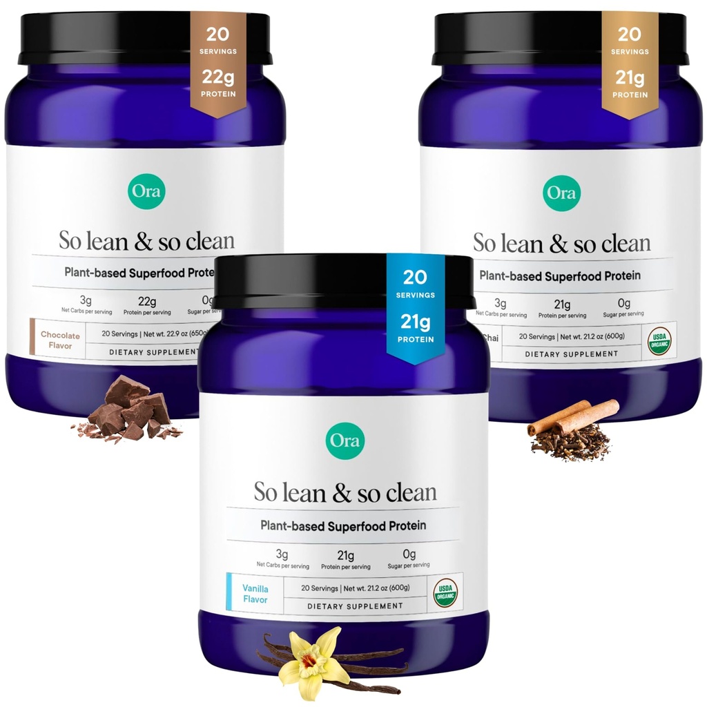 Ora Bio Protein Pulver Vanille, Schokolade & Vanille Chai Bundle: 21g Pflanzenbasis, Vanille, Vanille Chai, 20 Servierungen + 22g Pflanzenbasis, Schokolade, 20 Servierungen