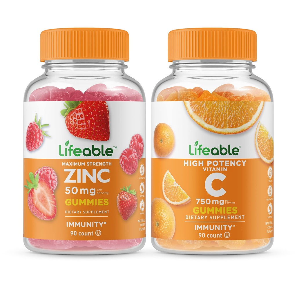 Lebendige Zink 50mg + Vitamin C 750mg, Gummies Bundle - Große Verkostung, Vitamin-Ergänzung, Glutenfrei, GMO frei, Kaugummi