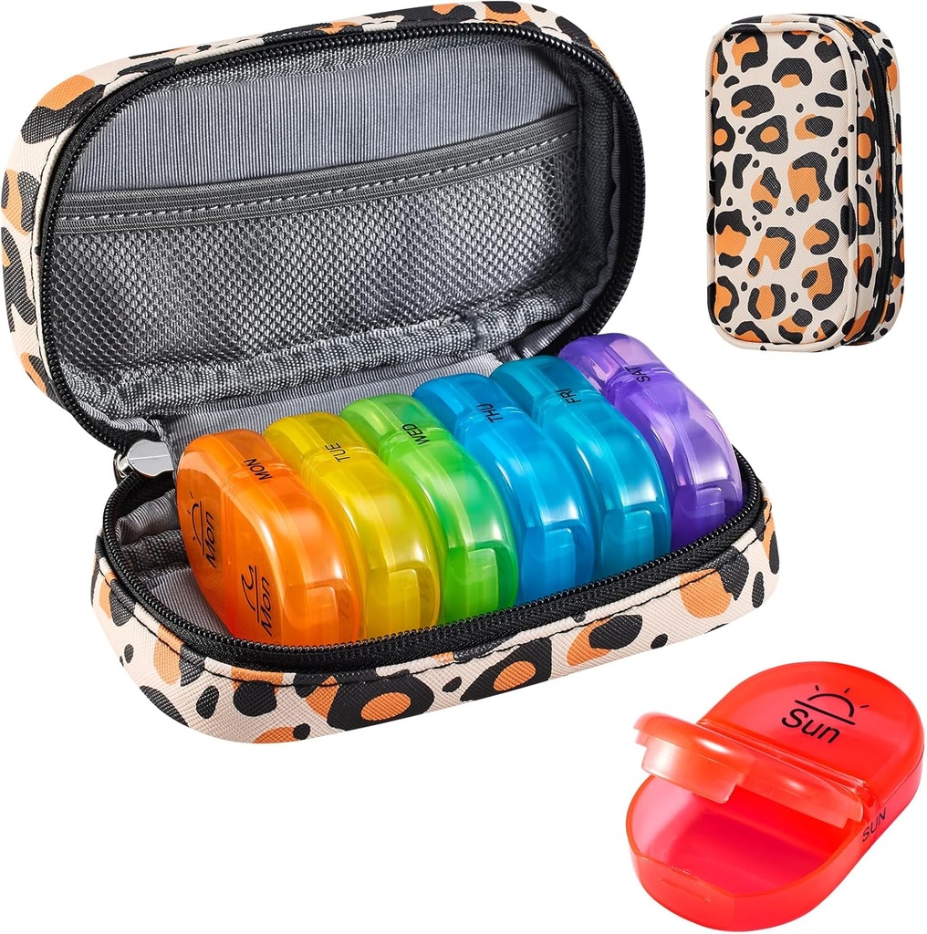 Serfeymi Weekly Travel Pill Organizer 2 Mal A Day AM Upgraded Regenbogen Pille Box 7 Tage mit tragbaren Reißverschluss PU Leder Pille Fall, Medizin Organizer für Pillen, Vitamine, Fischöle - Braun 02