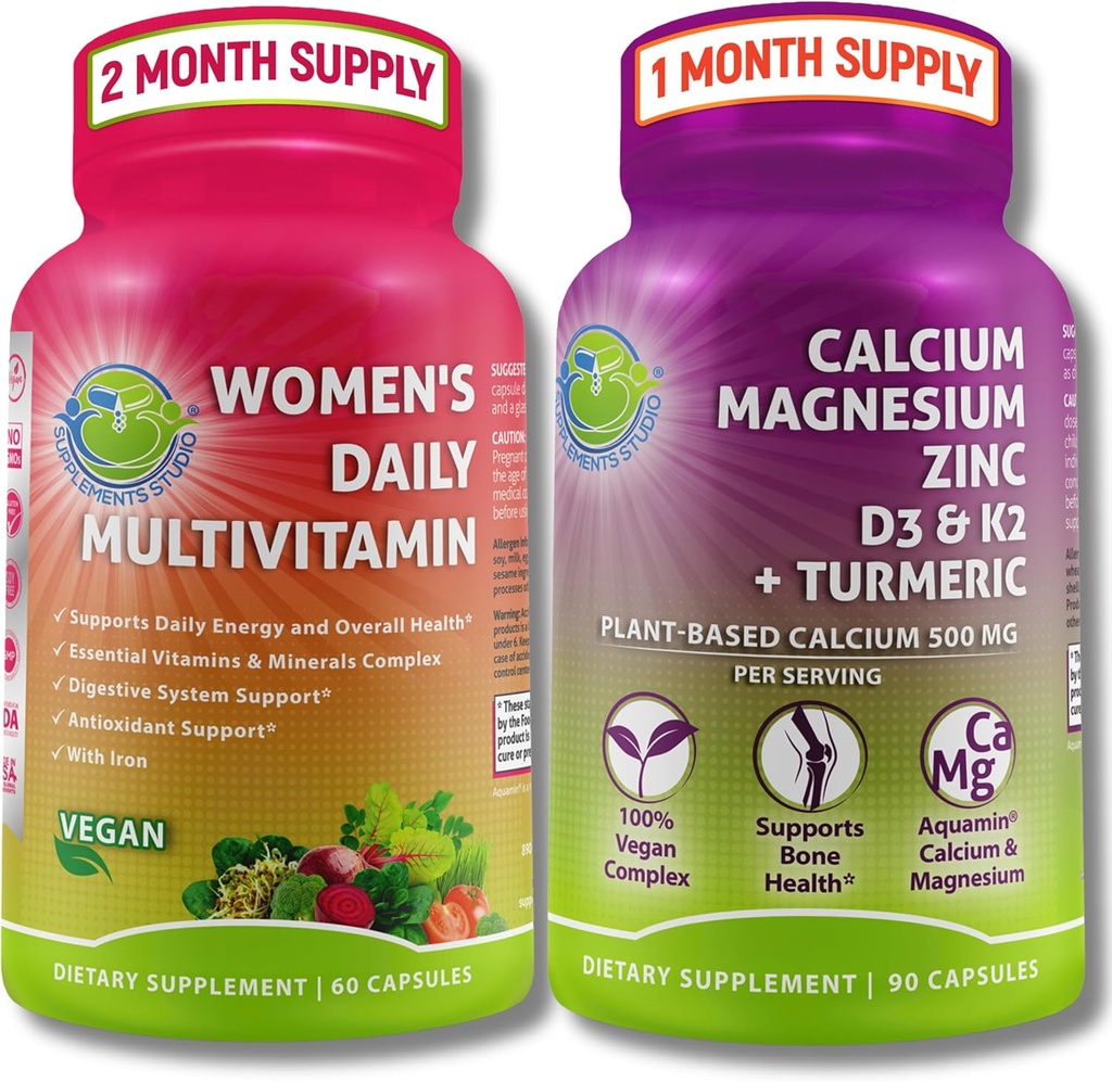 STUDIO Comprehensive Wellness & Bone Health Bundle - Women's Daily Multivitamin with Iron + Plant-Based Calcium, Magnesium, Zink, D3, K2 & Turmeric - Vegan, Non-GMO, Clean Ingredients