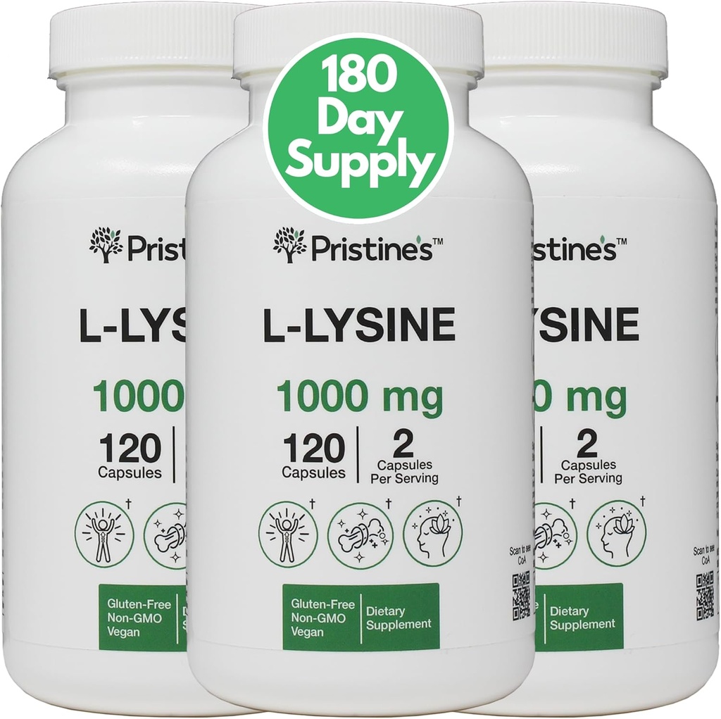 PRISTINE's L Lysine 1000mg (3 Pack) Lip & Gum Health Essential Amino Säure Immunität Unterstützung Ergänzung Kapseln -180 Tage Versorgung Muskel & Gewebe Unterstützung - Collagen Produktion - Vegan Gluten Free Non GMO
