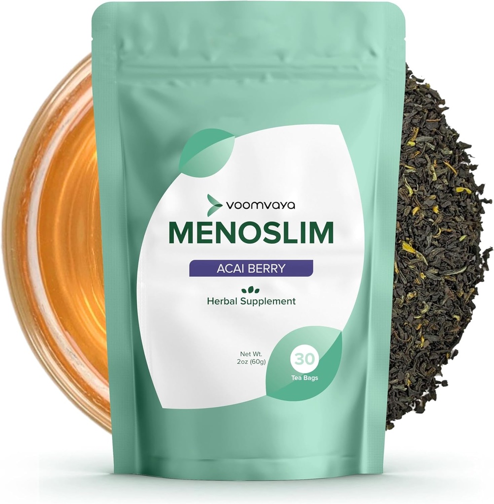 VoomVaya MenoSlim Tea - Hormone Balance Tee, Perimenopause & Estrogen Ergänzung für Frauen - für Bloating, Hot Flashes, Nacht Sweats & Meno-Belly - Acai Berry Flavor - 30 Teebeutel