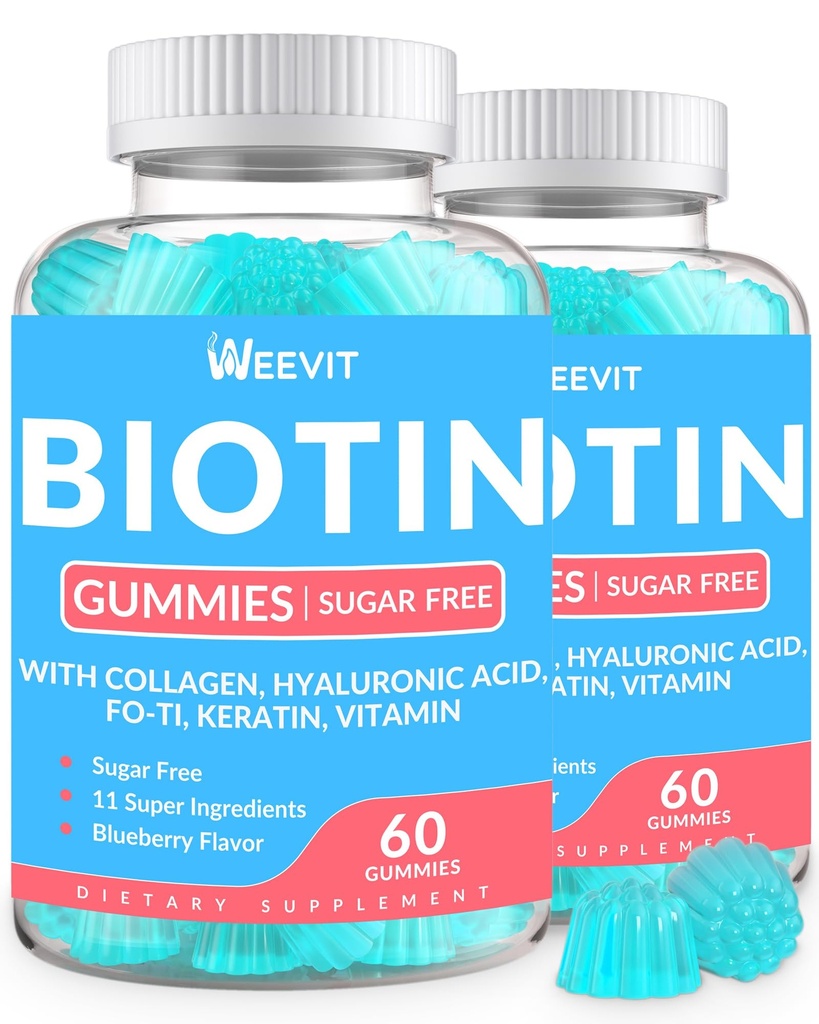 Zuckerfreie Biotin-Gummien, Biotin und Kollagen-Gummien mit Keratin, Hyaluronsäure für Frauen & Männer | Haarwachstum, Glowing Skin & Strong Nails | Vitamin B7 Supplement, Non-GMO, Kaubar