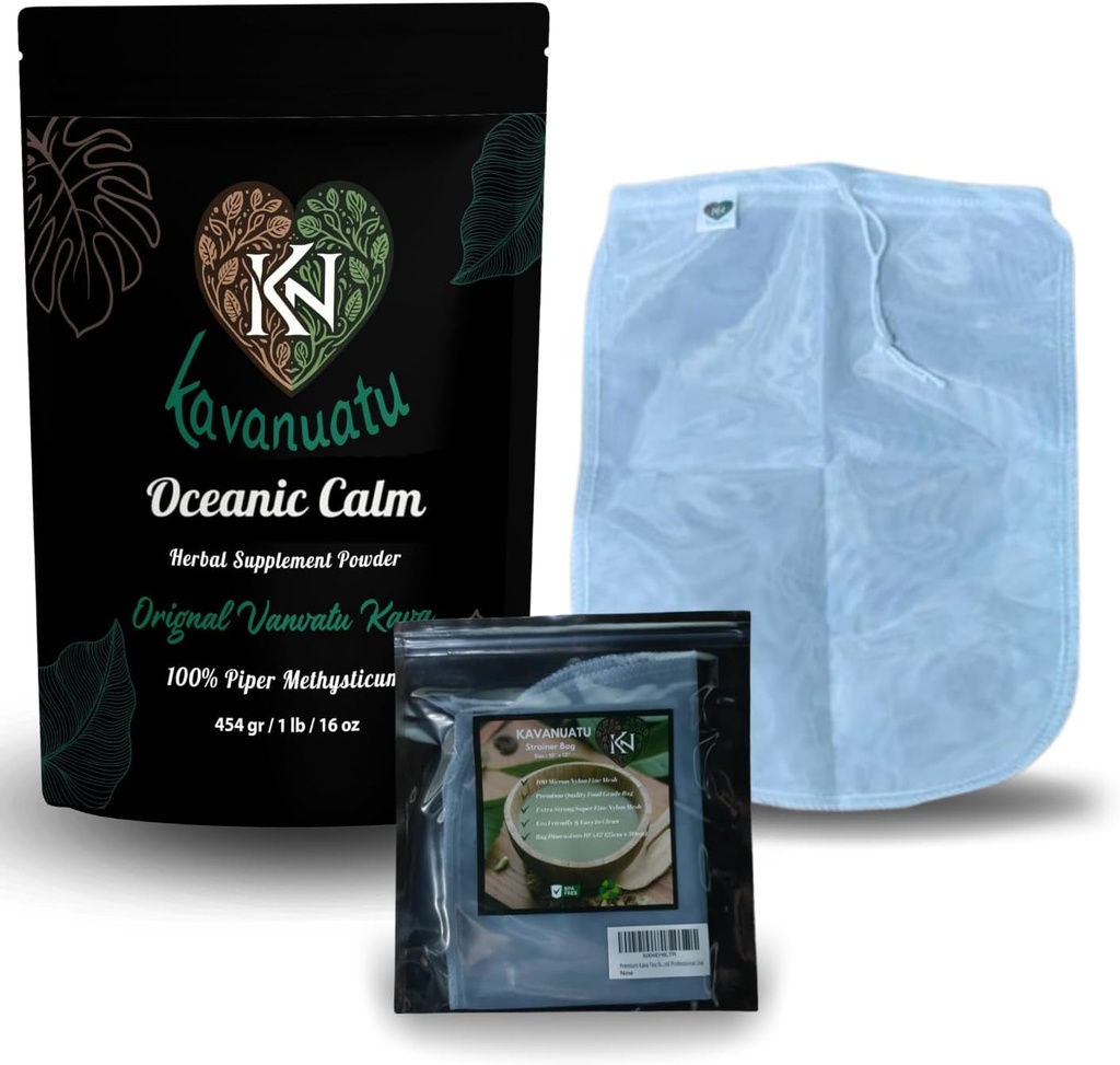 Kava Pulver und Strainer Bundle | Premium Vanuatu Kava Root Powder (16oz) für Beruhigung und Entspannung mit 100 Micron Fine Mesh Strainer Bag für glatte Kava Zubereitung