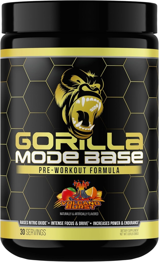 Gorilla Mind Base Pre Workout - Erhöht Nitric Oxide Intensiv Fokus & Drive Endurance Power - L-Citrulline, L-Tyrosine, Betaine, Alpha-GPC, Koffein, Huperzine A - 360 Grams (Volcano Burst)