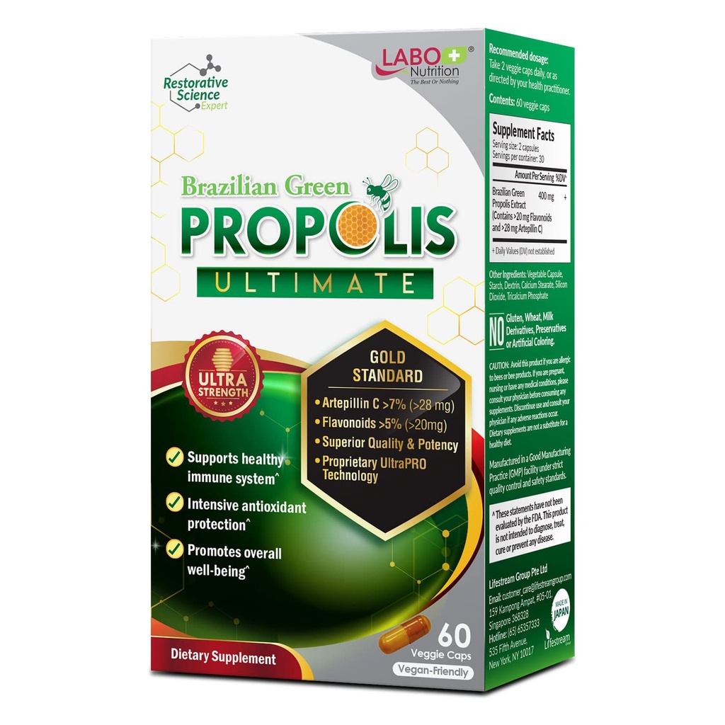 LABO Nutrition Brazilian Green Propolis Ultimate - Enthält >7% oder 28mg pro Servierartepillin C & >5% Flavonoids, für Immun- und Gehirnunterstützung, Natürliche, hohe Konzentrate & Premium, 60 Veg Kapseln