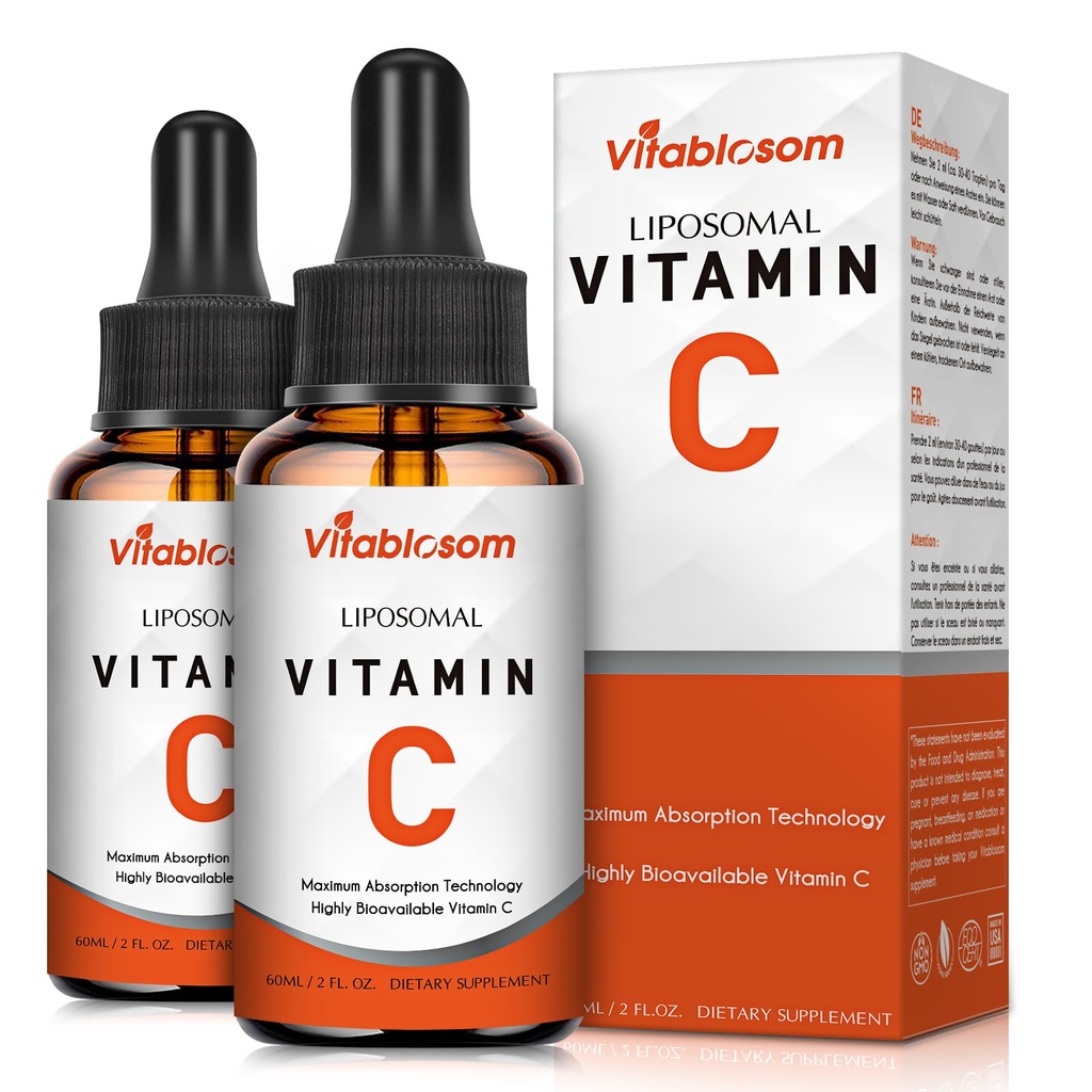 Liposomale Vitamin C 2000mg Flüssigkeit für Erwachsene, hohe Absorption VIT C, Maximieren Vitamin C, Immunsystem & Antioxidans Unterstützung, 60ML (2 Flasche)