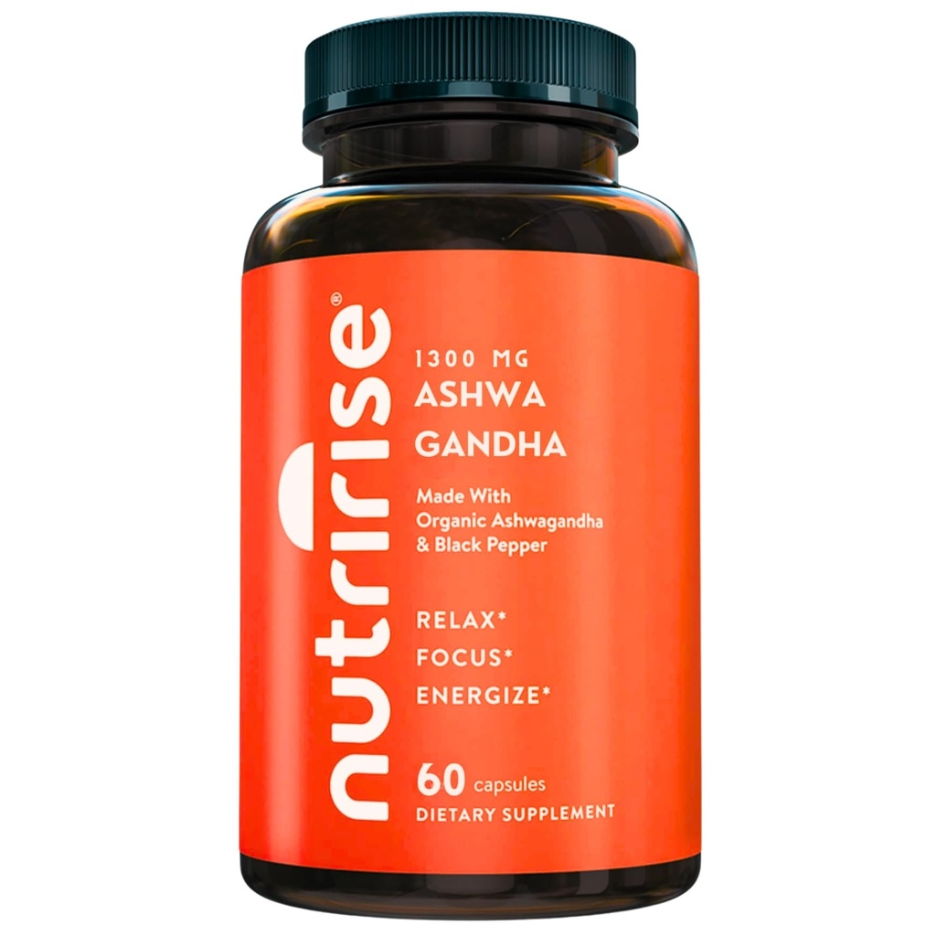 NutriRise Organic Ashwagandha Root Capsules with Black Pepper, 1300mg, Natural Stress & Mood, Schilddrüse & Immununterstützungsergänzung, Klarheit, Fokus & Energie, Glutenfrei, 60 Count