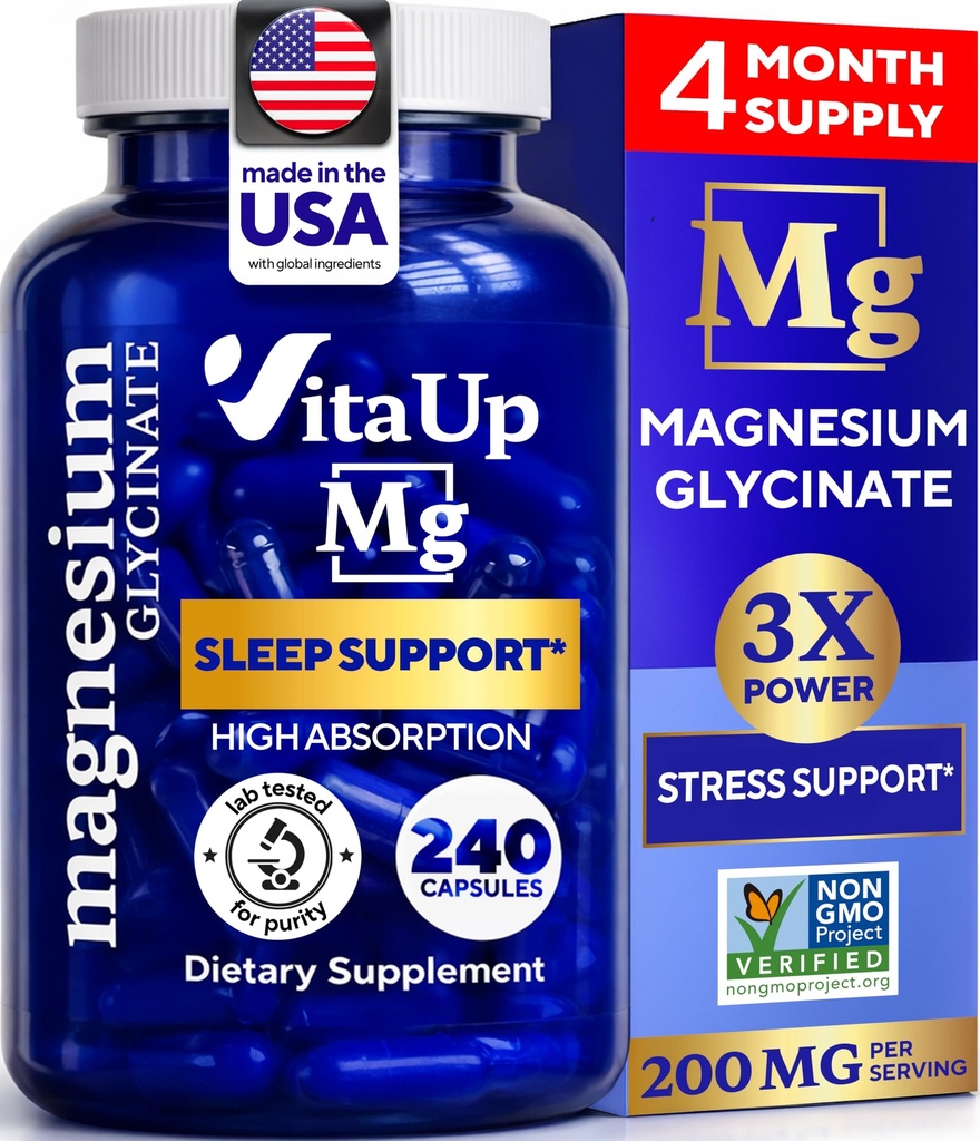 Magnesium Glycinate 200mg - USA Made Magnesium Supplement for Sleep, Heart, Bones, Metabolism Support - Hohe Absorption Magnesium Bisglycinat Kapseln - 240 Vegan Chelat Kapseln