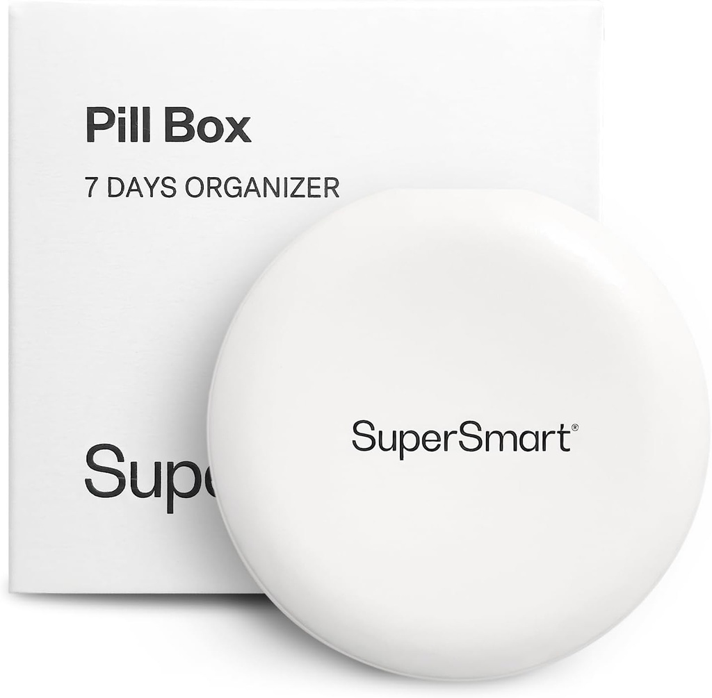 SuperSmart - Pill Box Organizer 7 Tage mit 1 Schneide Klinge für Tablets - Reisegröße Artikel - Kleine Lagerung für Ergänzungen & Medikamente - einfach zu bedienen mit 7 großen Komponenten | Weiß