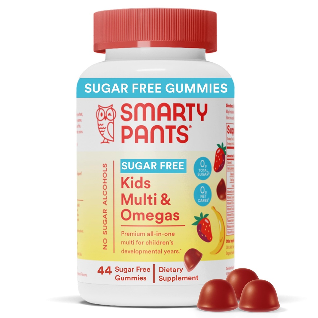 SmartyPants Kids Multivitamin Gummi, Sugar Free: Omega 3 (ALA), Vitamin D3, C, Vitamin B12, B6, A, K & Zink für Immununterstützung, Biotin, Erythritol Free, Erdbeer Banana, 44 Count (22 Tage Versorgung)