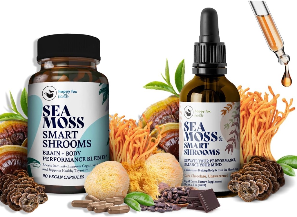 Brain Superfoods Bundle - Organic Sea Moss & Smart Shrooms, Kapseln und Flüssigkeitstropfen Bundle, Organic Irish Seamoss und 7 Adaptogenic Ergänzungen für Gedächtnis und Fokus. Flüssige Tropfen in Schokolade Geschmack